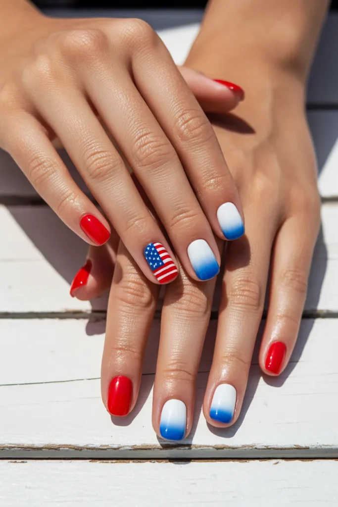 6. Red White and Blue Ombre Nails