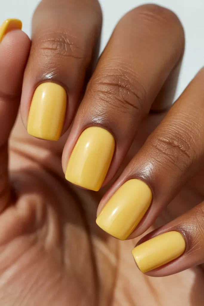 6. Short Butter Yellow Nails — Square Shape Graphic Energy