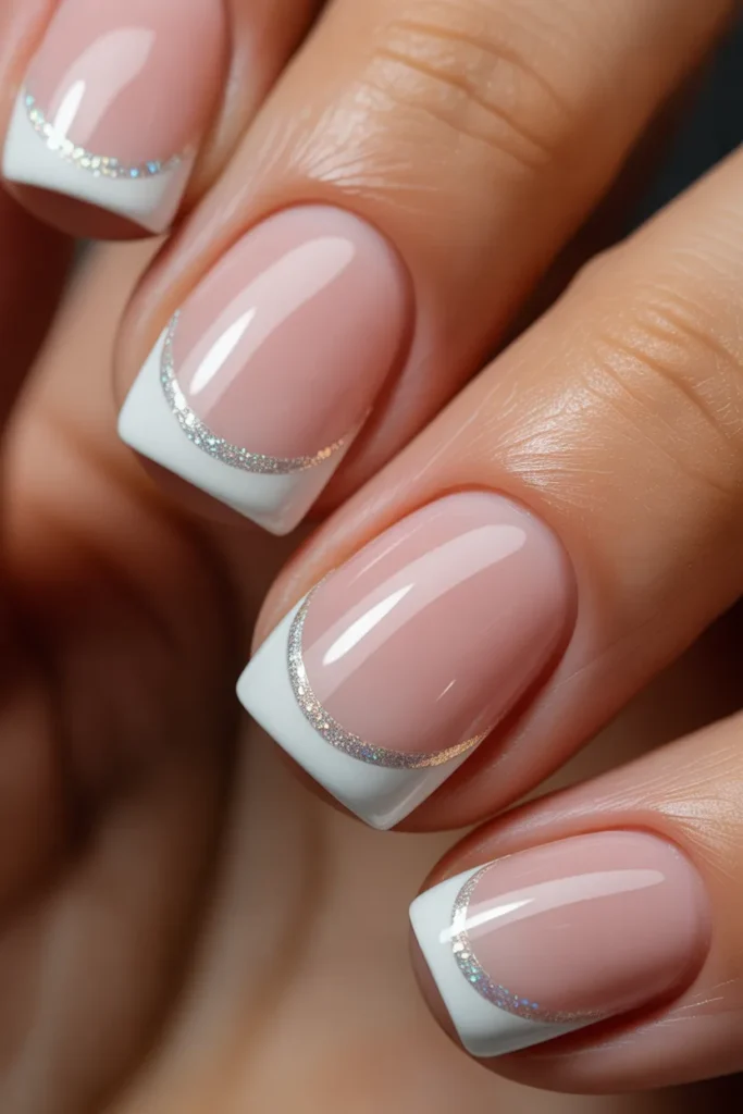 Line French Tip Nails 7 6.Pink Base Short Square