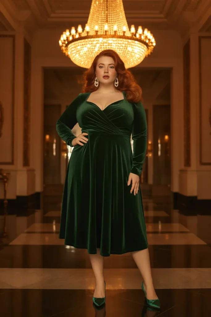 7 — Emerald Velvet A Line Winter Dress