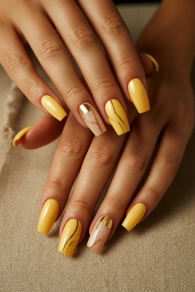 7. Butter Yellow and Gold Nails — Tonal Luxury