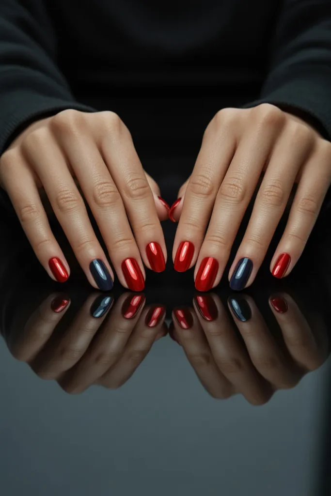 7. Chrome Almond Nails — Mirror Red and Navy