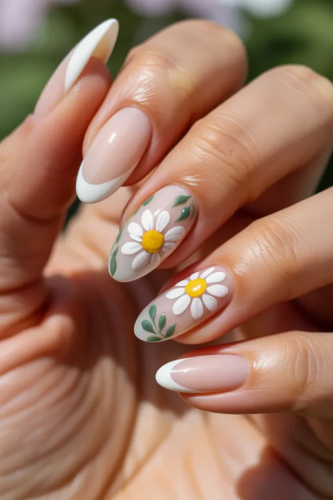 7. Cute Summer Almond Nails — Daisy Flower Art