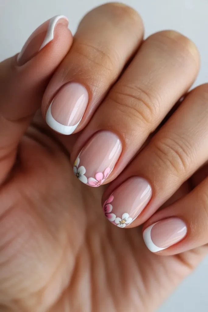 7. French Tip Nails with Design — Floral Accent