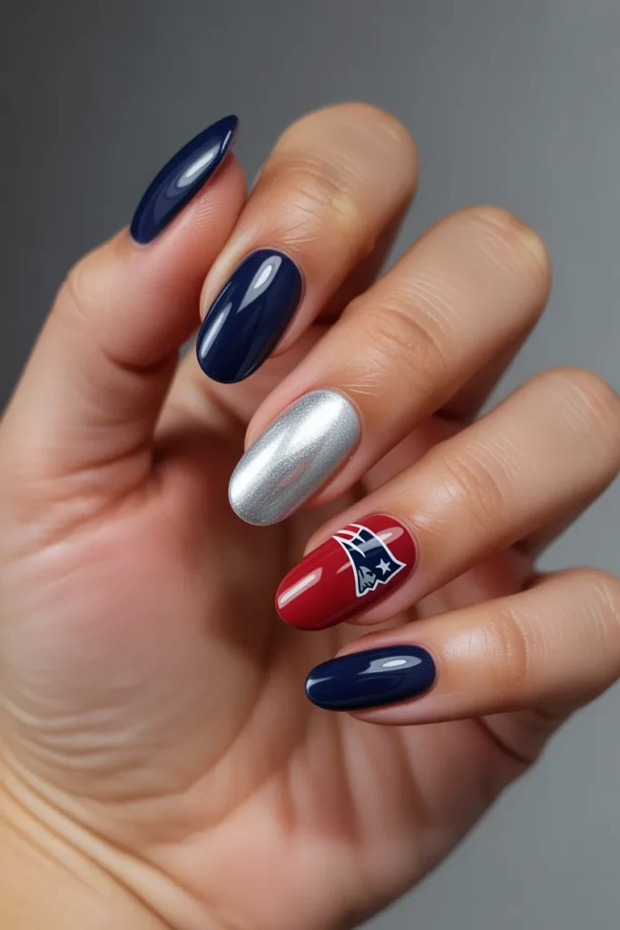 7. Patriots Football Nails Navy Red and Silver