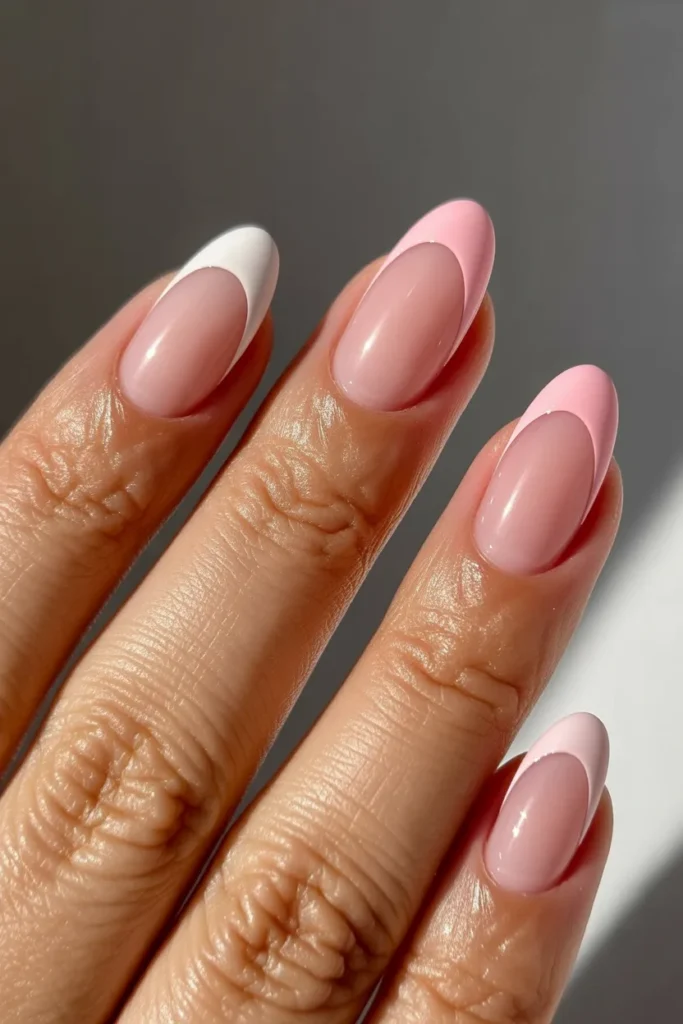 7. Pink Cat Eye Nails French Tip — Layered Design