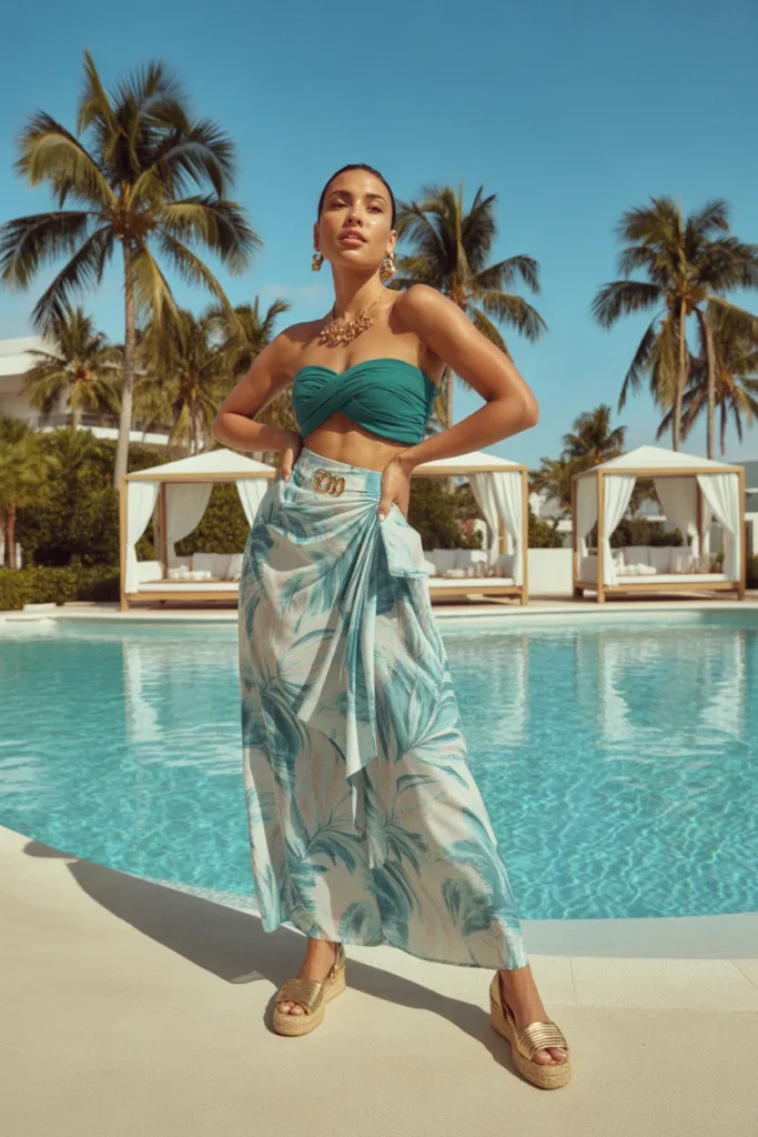 Summer Wedding Guest Outfits 8 7. Printed Wrap Maxi Skirt with Bandeau — Resort Wedding