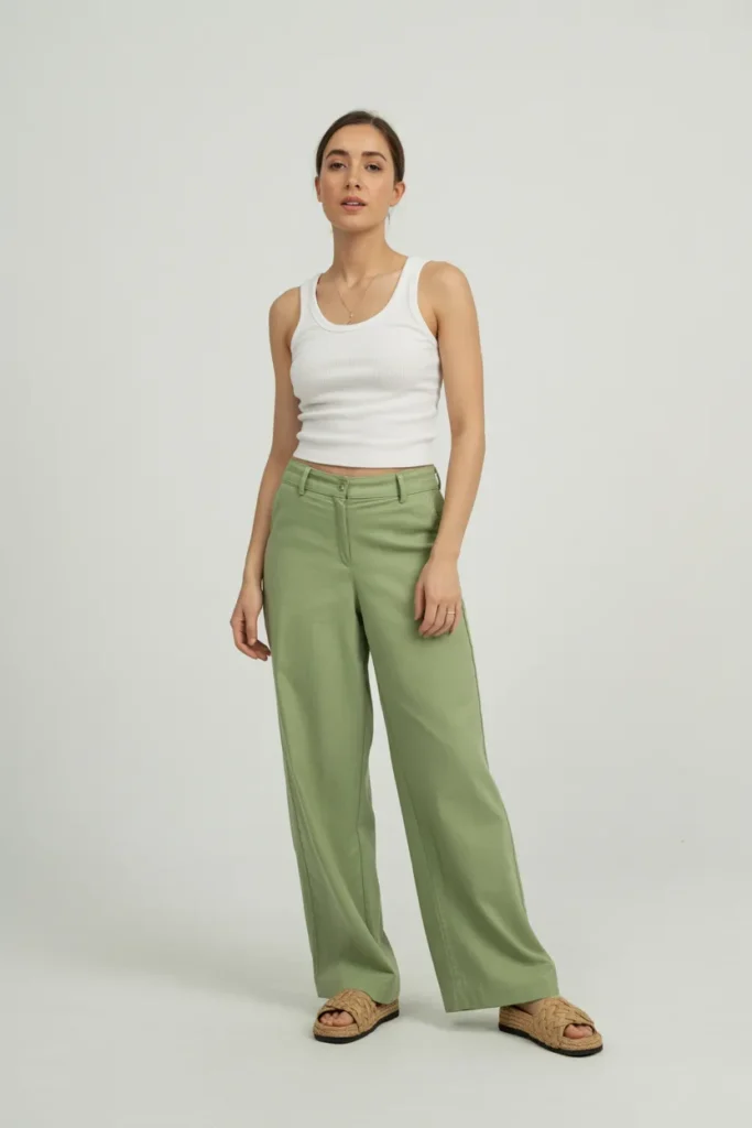 7. Sage Green Wide Leg Linen Trousers White Tank