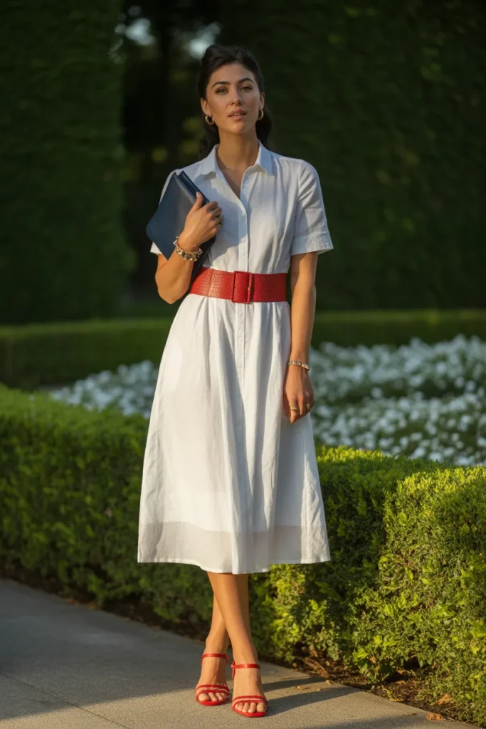 7. White Linen Midi Dress with Red Accessories