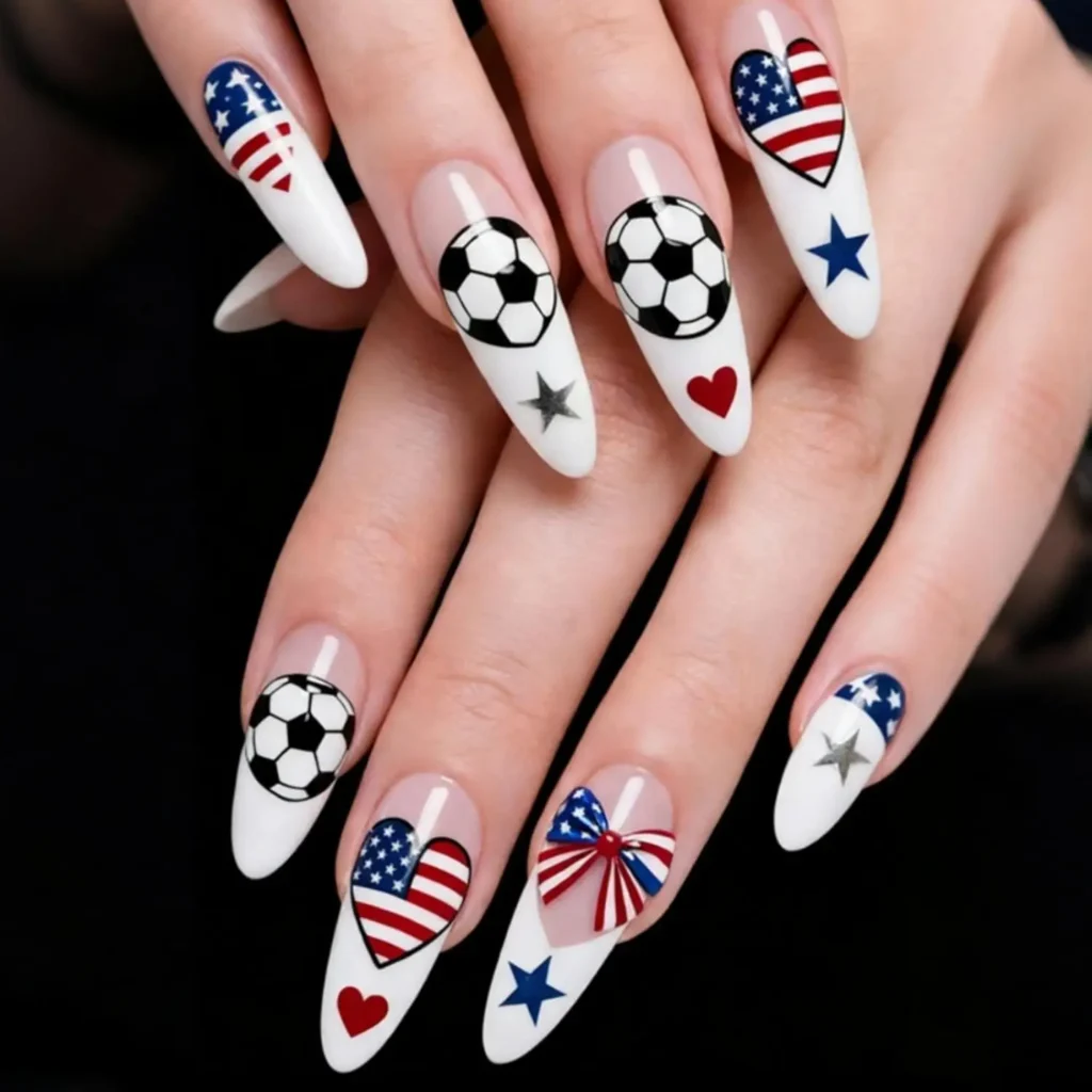 7.Almond Fake Nails with Soccer
