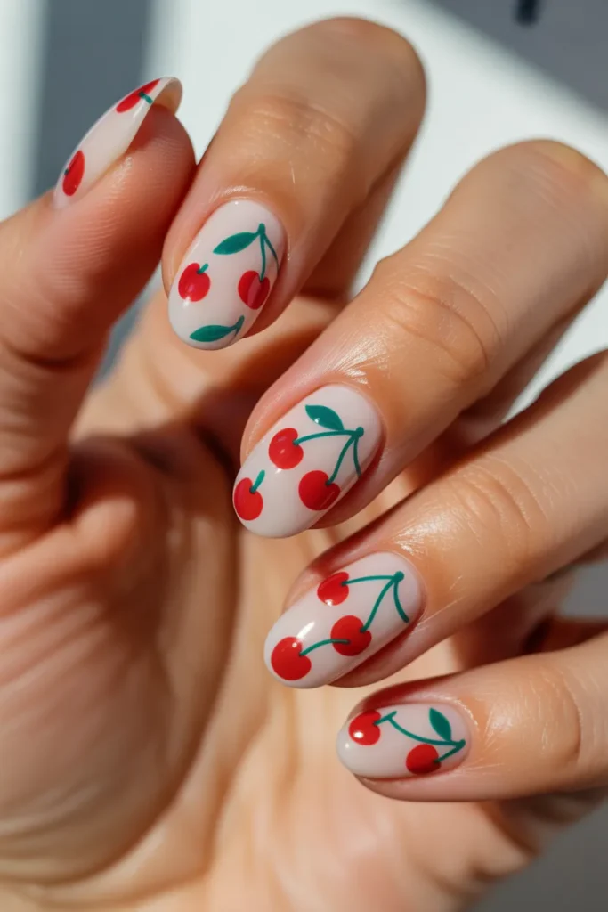 8. Cherry Print June Nails — Full Pattern Design