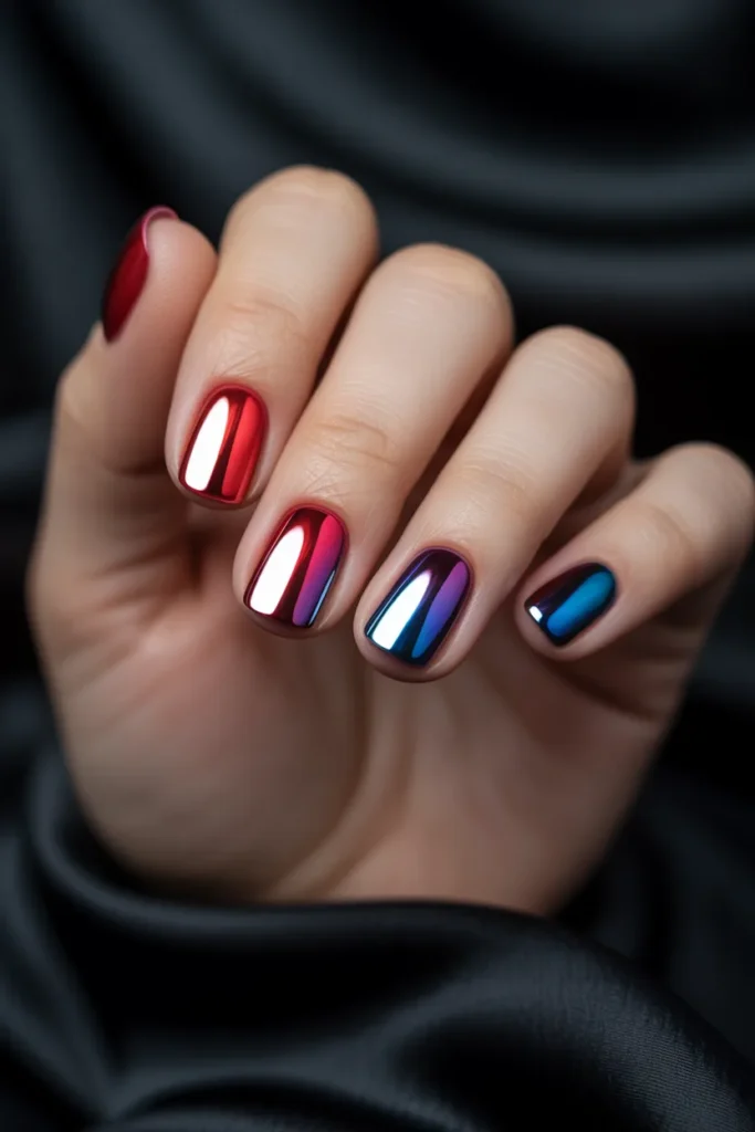 Short 4th July Nails 9 8. Chrome Red Mirror Nails — Short Square