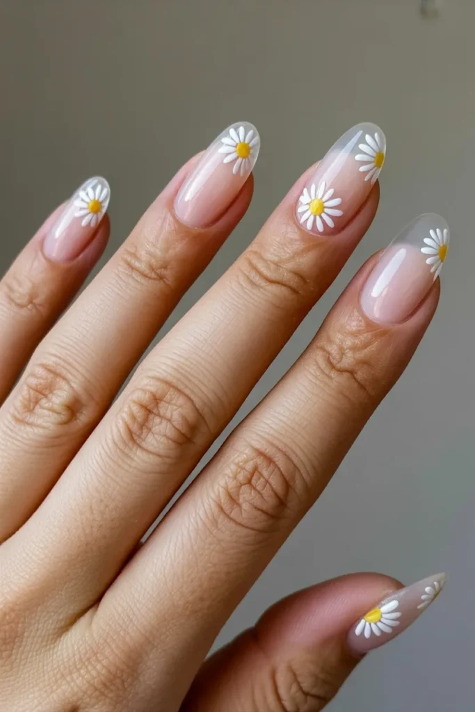8. Daisy Nails Gel — Jelly Base with Flower Art