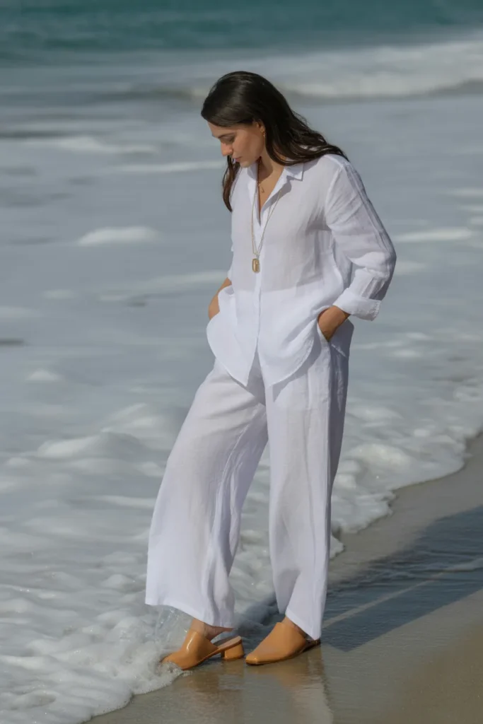 8. Modest Beach Outfit — White Linen Palazzo Pants
