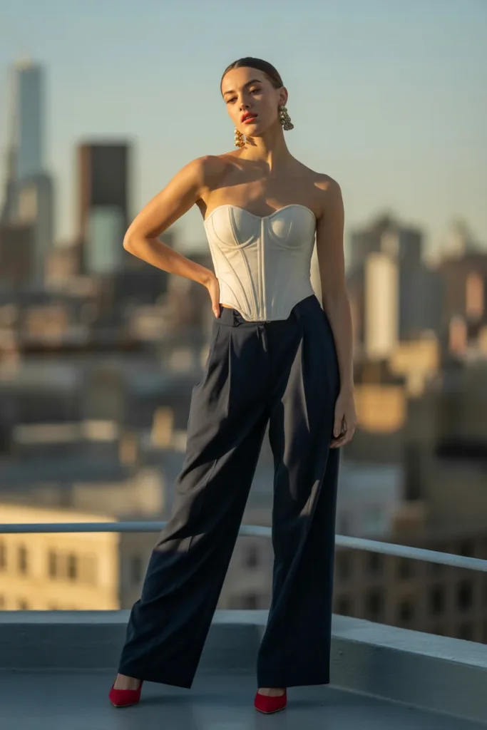 8. White Corset Top and High Waisted Navy Trousers