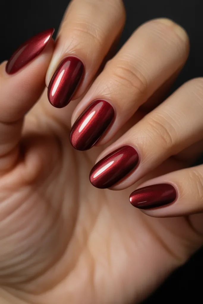 8. Wine Red Gel Nails — Chrome Shimmer Overlay