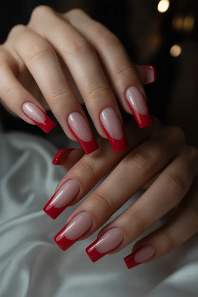 4th of July French Tip Nails 10 9. Acrylic Extensions with a Red Glitter Tip