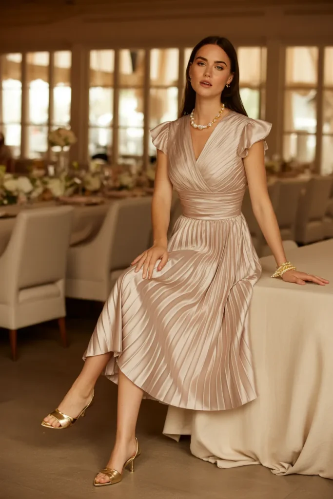 Summer Wedding Guest Outfits 10 9. Champagne Pleated Midi Dress — Indoor Venue