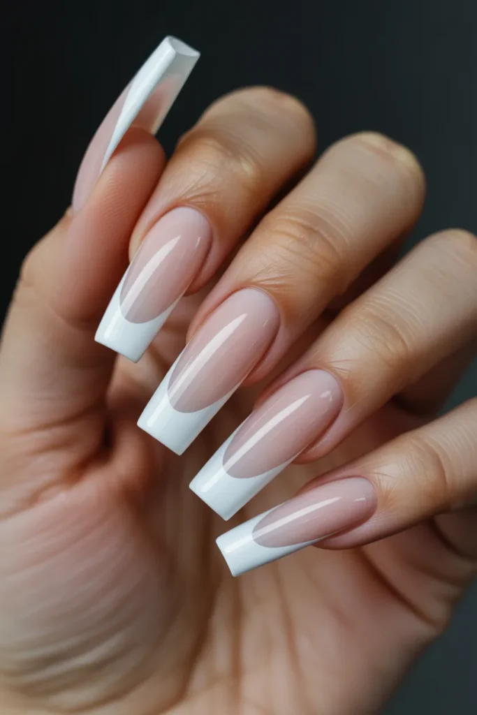 9. French Tip Nails Coffin — Extended Drama