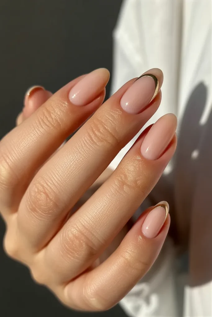 9. June Nails Almond Simple — Nude with Gold Details 1