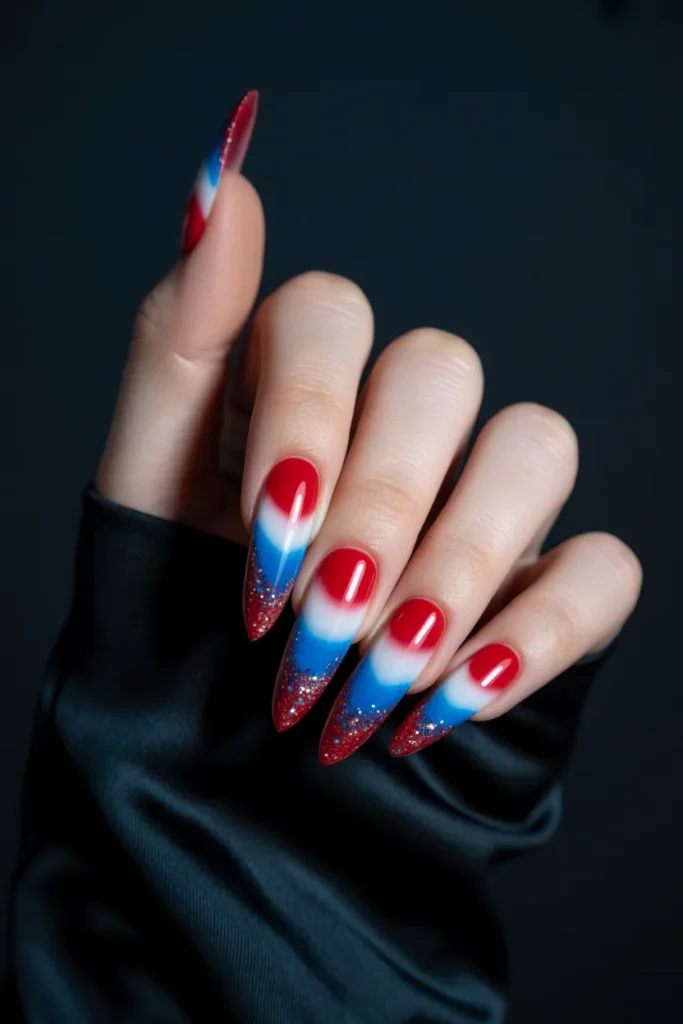 9. Long Almond Red White Blue Ombre