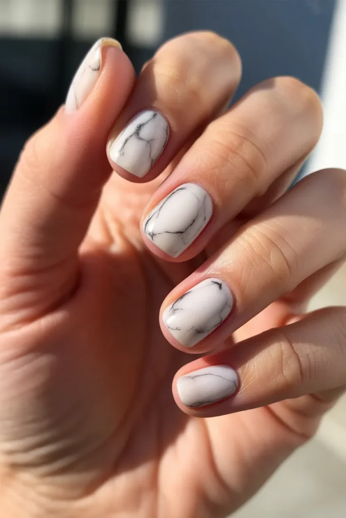 9. Marble Nails Short — Square Minimalist