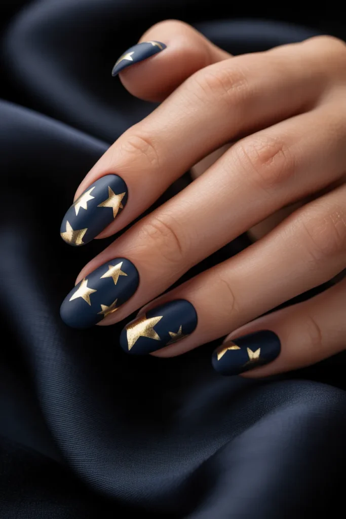Memorial Day Nails 10 9. Matte Navy Almond with Gold Star Foil