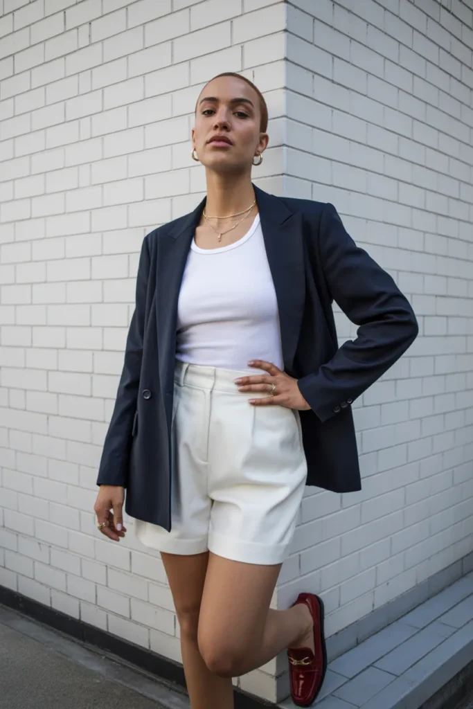 9. Patriotic Co ord Set — Navy Blazer and White Shorts