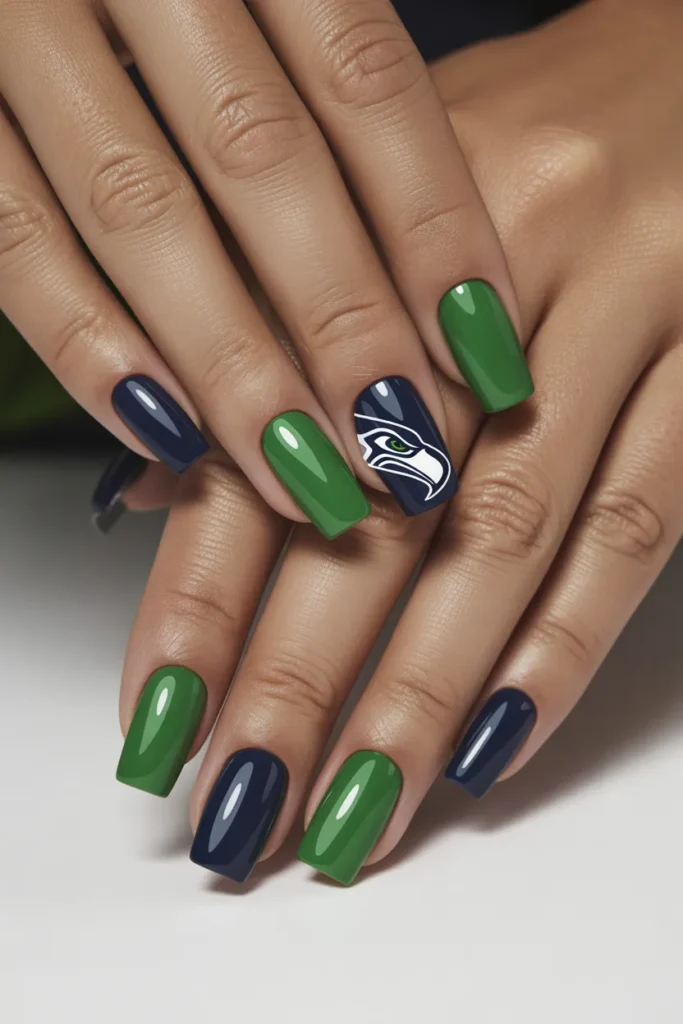 9. Seahawks Football Nails Blue and Green