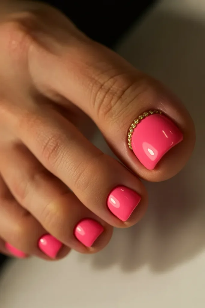 9. Summer Hot Pink Toe Nail Designs — With Gold Accent