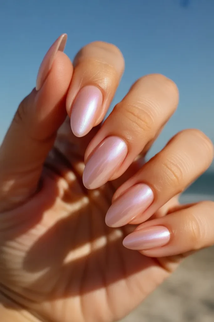 9. Summer Trendy Almond Nail Designs 2026 — Strawberry Milk Chrome