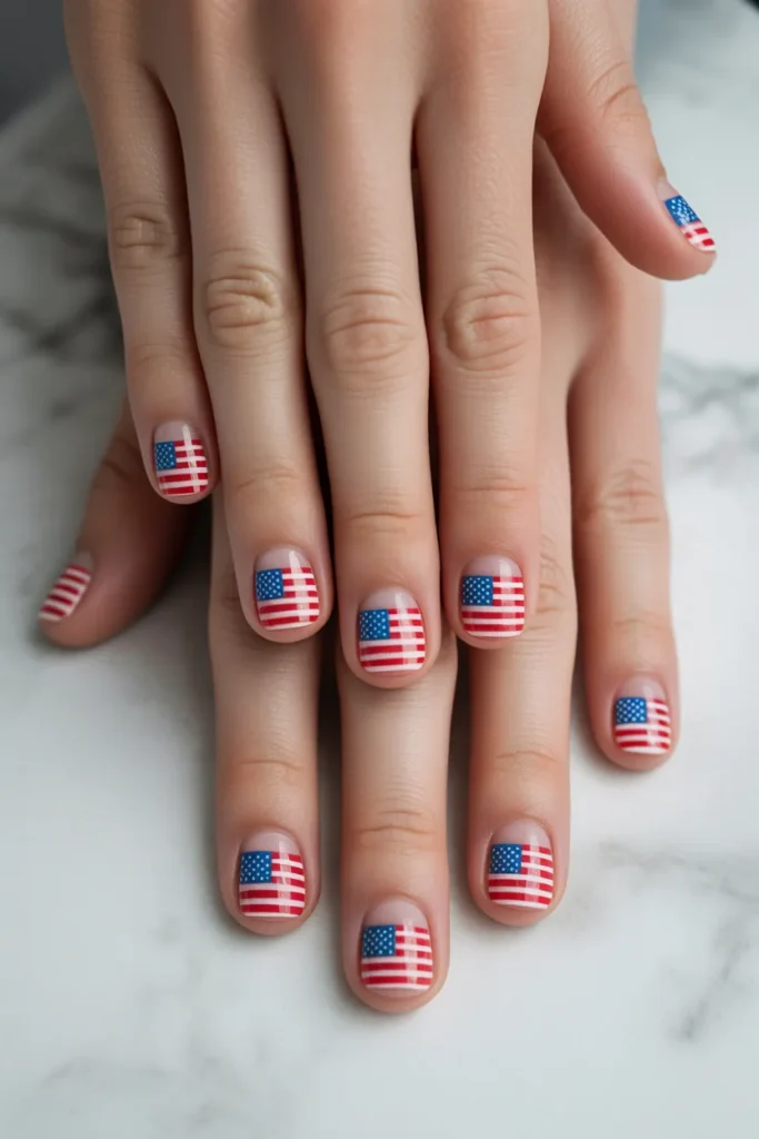 9. USA Flag Nail Decals on Nude Nails