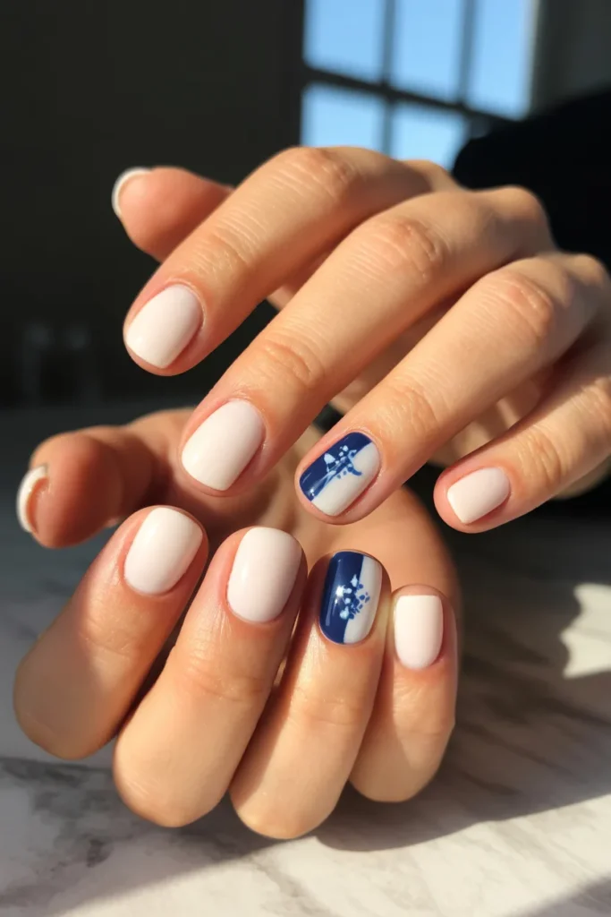 Short 4th July Nails 10 9. White Base with Navy Star Accent