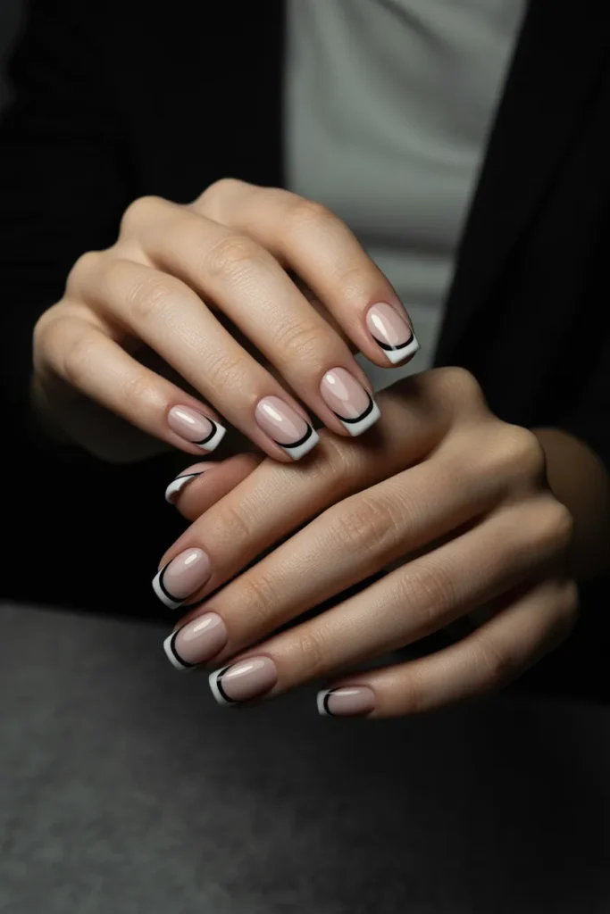 Line French Tip Nails 10 9.Nude Base Short Square