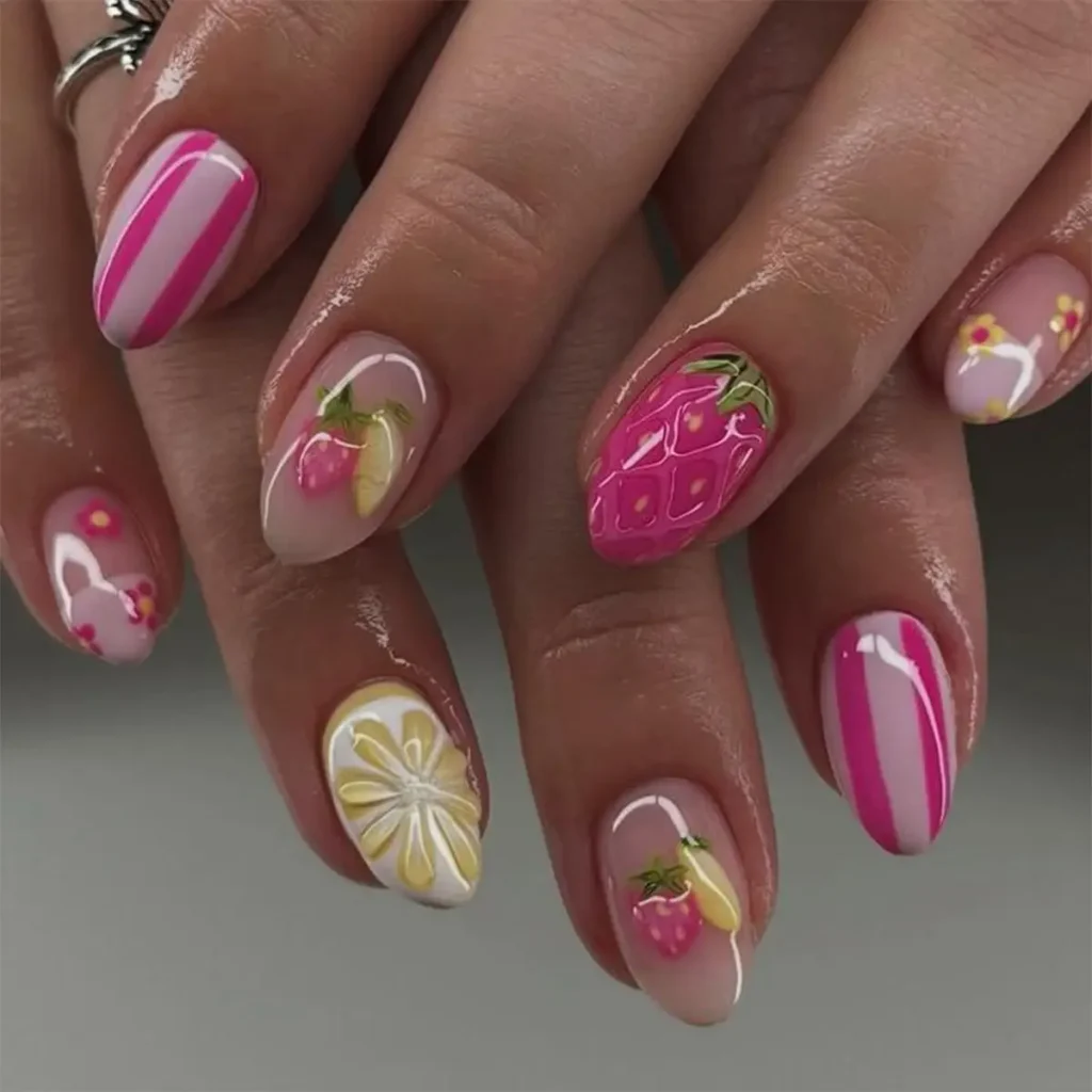 Summer Almond Nails 10 9.Strawberry Milk Chrome