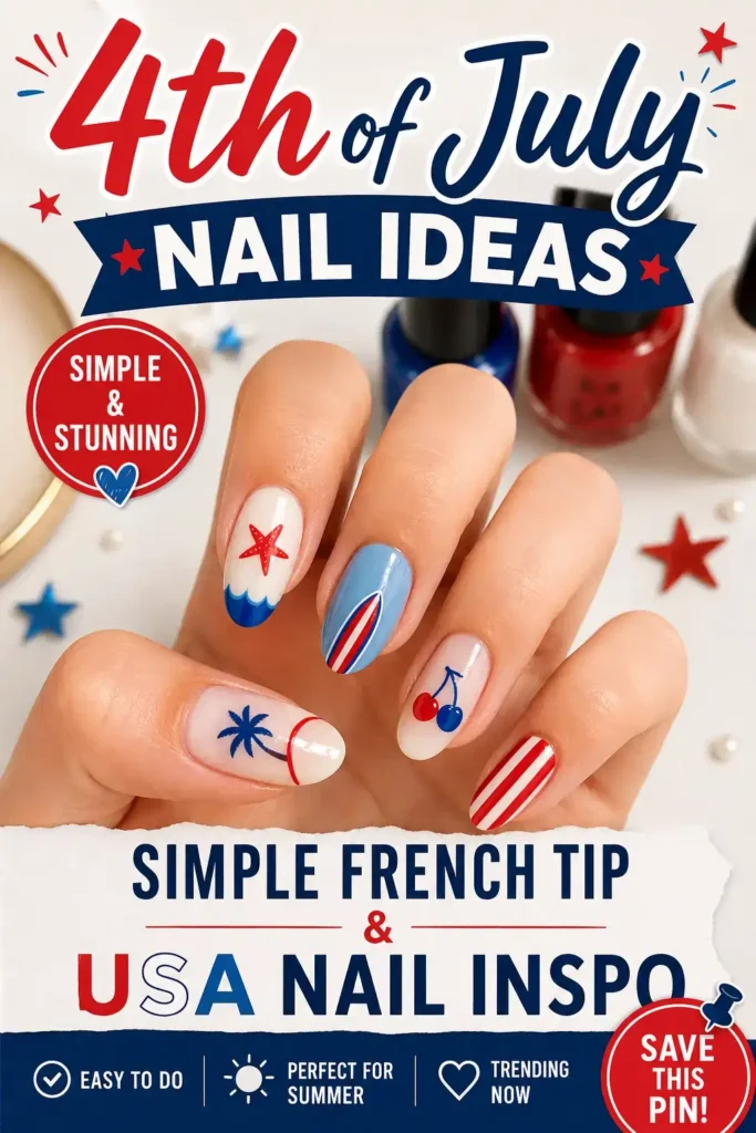 Cute Almond 4th of July Nails 💅 Patriotic Red White Blue Designs 1