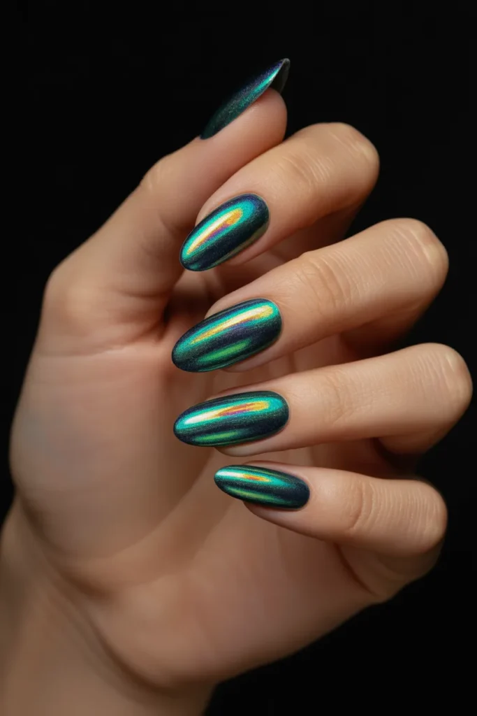 11. Green Teal Aura Nails — Chrome Holographic