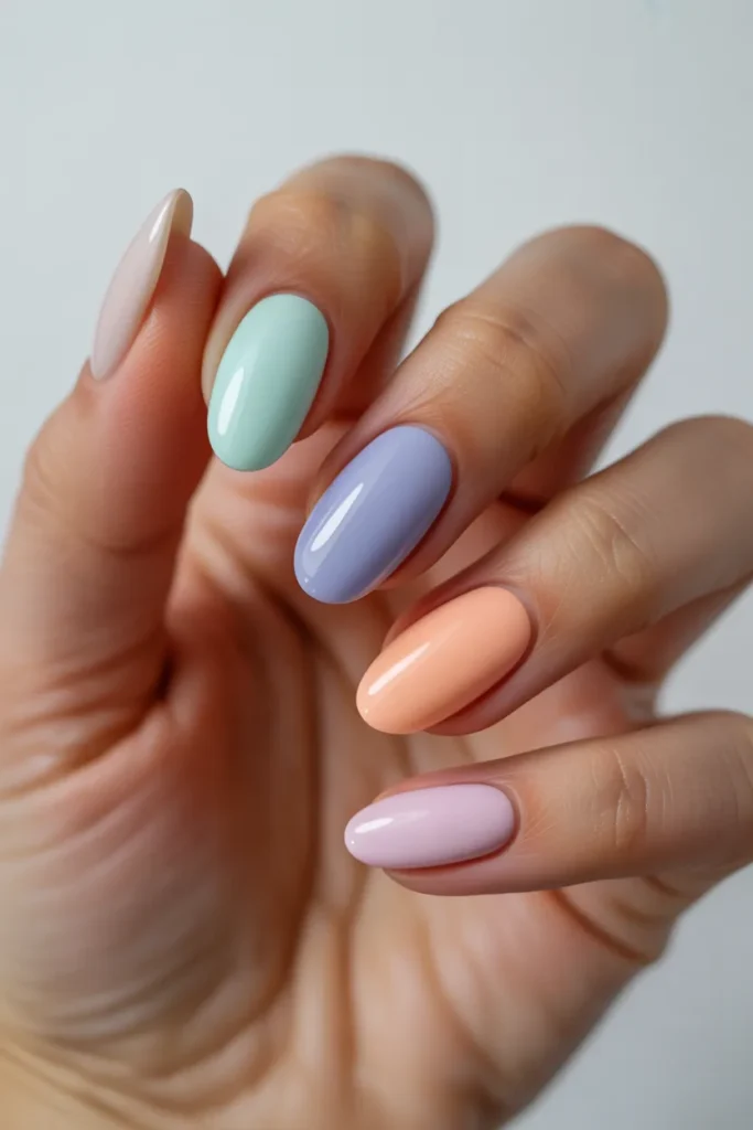 19. Cute Aura Nails — Pastel Multi Colour Short Almond