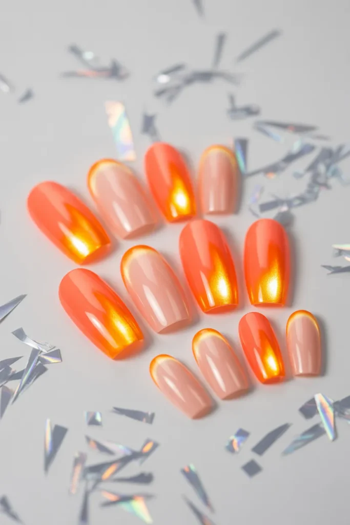 21. Sunset Aura Press On Nails — Orange Pink Coffin Set