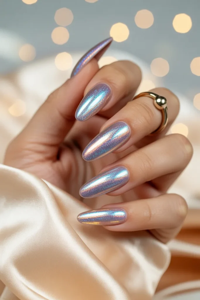 22. Luxe Aura Nails 2026 — Chrome Holographic Long Almond